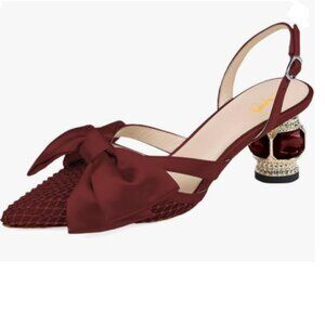 XYD Wine Pointed Toe Slingback Wedding Pumps Bows Mesh Chunky Low Heel Sandals